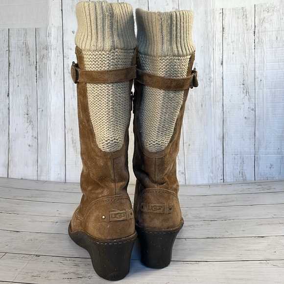 UGG Skyfall Chestnut Sweater Suede/Knit Cuff Tall Wedge Boots - Picture 5 of 14